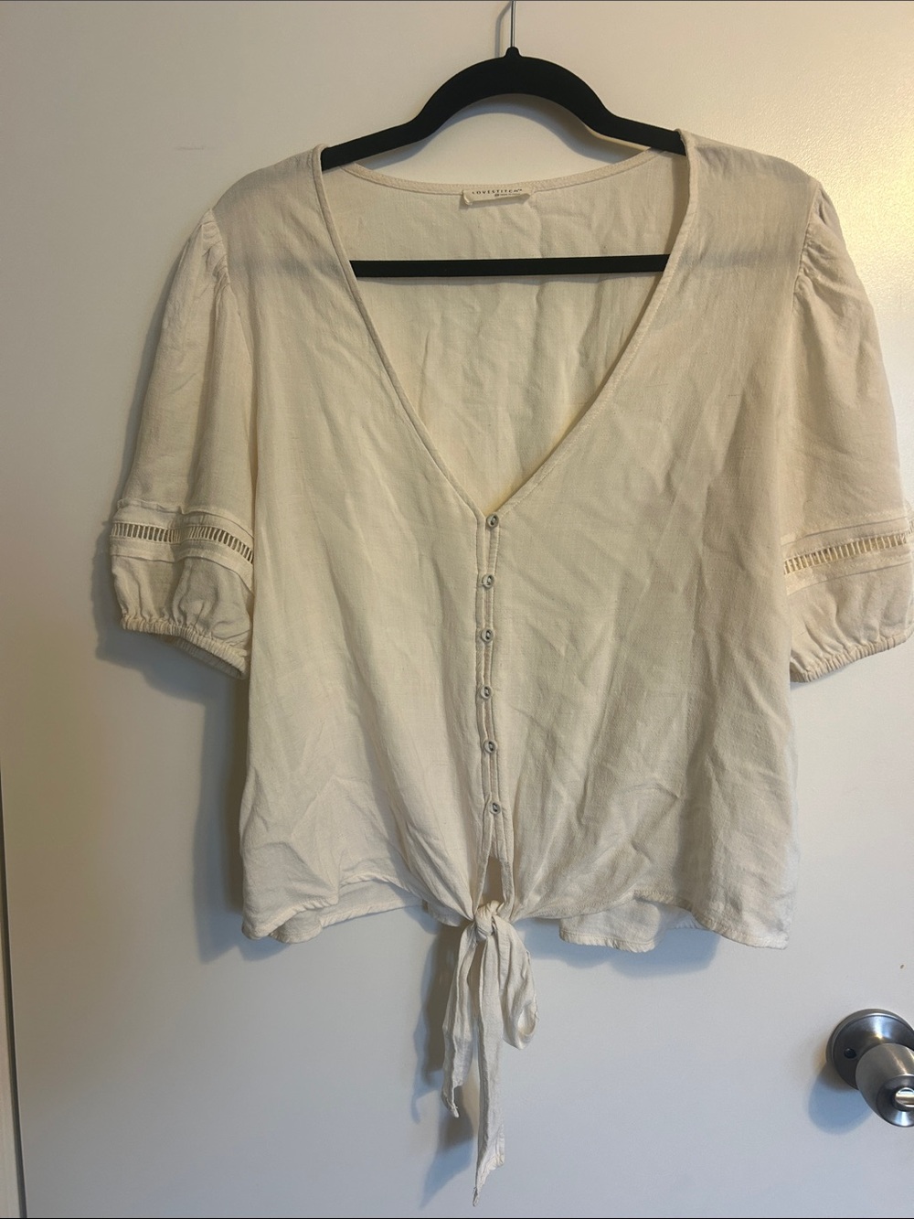 lovestitch Cream Button-Tie V-Neck Blouse